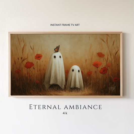 Arte para TV Samsung Frame | Fantasmas en Campo de Amapolas | Descarga Digital 4K para Decoración de Halloween Adorable y Espeluznante